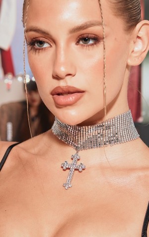 Bijuterii Pretty Little Thing Chainmail Cross Choker Argintii | DRNA98657