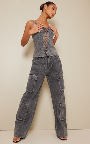 Blugi Pretty Little Thing Acid Wash Cargo Pocket Detail Slim Largi Leg Gri | AWZQ34908