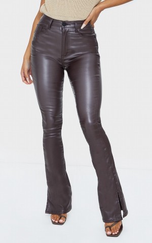 Blugi Pretty Little Thing Chocolateed Split Hem Flares Ciocolata | VYIT62507