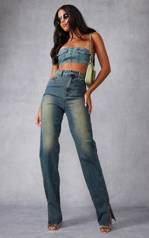 Blugi Pretty Little Thing Cizme Inalte Indigo Vintage Wash Split Hem Indigo Albastru Deschis | FLDG38204