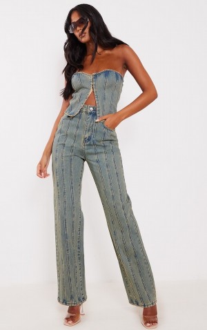 Blugi Pretty Little Thing Cizme Inalte Indigo Vintage Wash Paneled Seam Detail Indigo Albastru Deschis | YISD78203