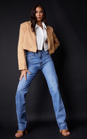 Blugi Pretty Little Thing Cizme Inalte Mid-High Wash Long Leg Drept Albastri Albastru Deschis | YUNB95384
