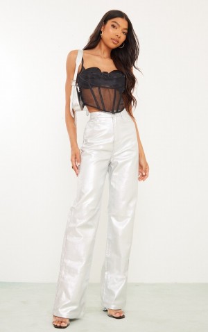Blugi Pretty Little Thing Cizme Inalte Metallic Drept Leg Argintii | JORW23480