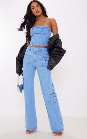 Blugi Pretty Little Thing Cizme Inalte Wash Cargo Albastri Deschis Albastru Deschis | NEXP29063