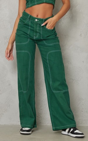 Blugi Pretty Little Thing Forest Contrast Stich Largi Leg Jean Verzi | XREQ87069