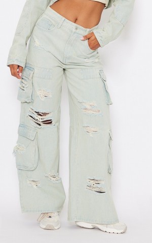 Blugi Pretty Little Thing Ice Vintage Wash Distressed Panelling Largi Leg Cargo Albastri | KZOD02357