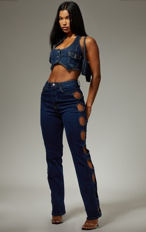 Blugi Pretty Little Thing Indigo Cut Out Side Drept Leg Jean Indigo | VFZP46095