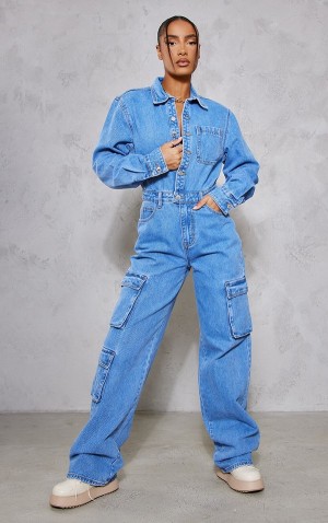 Blugi Pretty Little Thing Mid-High Wash Cargo Pocket Detail Largi Leg Albastri Albastru Deschis | VLZS82491