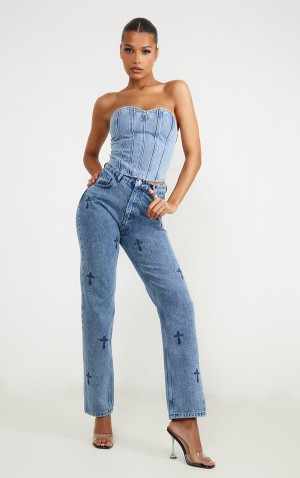Blugi Pretty Little Thing Mid-High Wash Cross Print Long Leg Drept Leg Albastri Albastru Deschis | VGRX31065