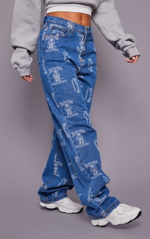 Blugi Pretty Little Thing Mid-High Wash Deathrow Records Grafice Printed Largi Leg Albastri Albastru Deschis | XWHL86574