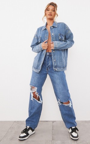 Blugi Pretty Little Thing Mid-High Wash Knee Rip Boyfriend Albastri Albastru Deschis | DYQU09286
