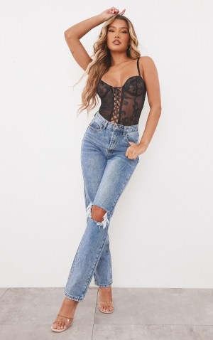 Blugi Pretty Little Thing Mid-High Wash Open Knee Long Leg Drept Leg Albastri Albastru Deschis | BHJX67091
