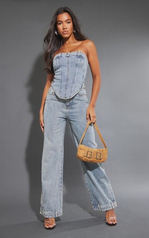 Blugi Pretty Little Thing Mid-High Wash Waistband Detail Hem Drept Leg Albastri Albastru Deschis | LCSO56907