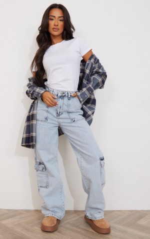 Blugi Pretty Little Thing Petite Acid Wash Pocket gy Largi Leg Jean Albastri Albastru Deschis | HELI78603