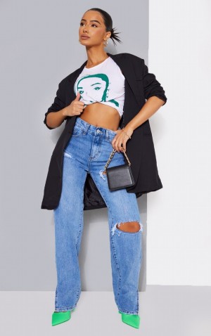 Blugi Pretty Little Thing Petite Mid-High Wash Ripped Split Hem Albastri Albastru Deschis | ASHB47253