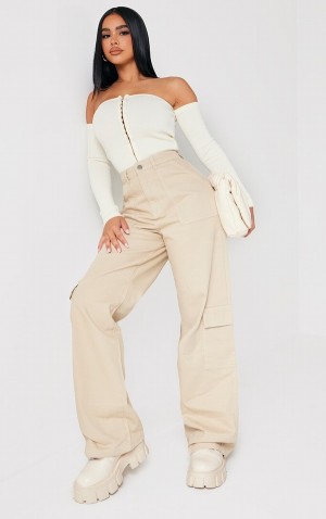 Blugi Pretty Little Thing Petite Oatmeal Cargo Pocket gy Largi Leg Bej | YRQG76580
