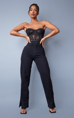 Blugi Pretty Little Thing Petite Turn Up Split Hem Negrii | YKGZ28975