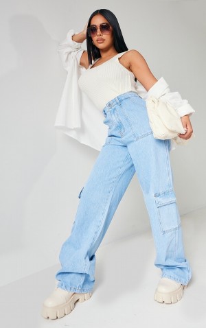 Blugi Pretty Little Thing Petite Wash Cargo Pocket gy Largi Leg Albastri Deschis Albastru Deschis | LJXB17365