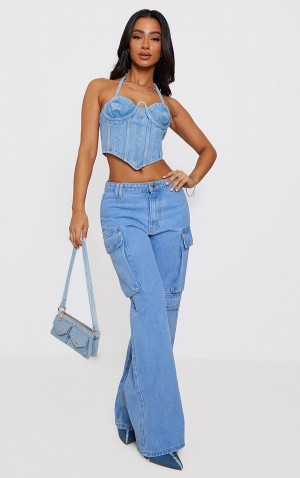 Blugi Pretty Little Thing Petite Wash Cargo Albastri Deschis Albastru Deschis | YSTG59207