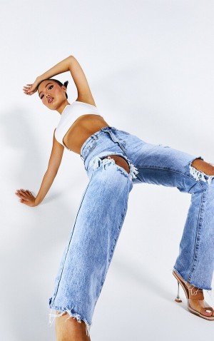 Blugi Pretty Little Thing Petite Wash Ripped Long Leg Drept Albastri | NQBW46257