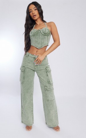 Blugi Pretty Little Thing Petite Washed Cargo Verzi | UHKP84975