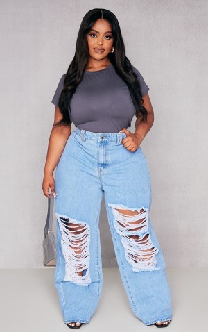 Blugi Pretty Little Thing Plus Distressed Largi Leg Albastri Deschis | SKFL47150