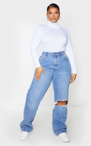 Blugi Pretty Little Thing Plus Wash Open Knee Long Leg Drept Leg Albastri Deschis Albastru Deschis | JYUR38124