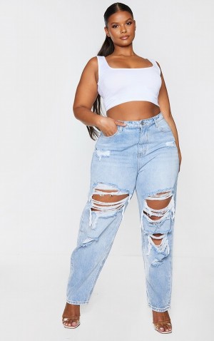 Blugi Pretty Little Thing Plus Wash Ripped Mom Albastri Deschis Albastru Deschis | GQDW30157