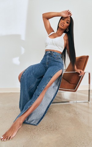 Blugi Pretty Little Thing Shape Mid-High Wash Extreme Split Detail Albastri Albastru Deschis | PUBW40352