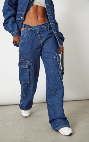 Blugi Pretty Little Thing Wash Cut Out Asymmetric Waistband Cargo Albastri Inchis Albastru Deschis | EPBZ27843