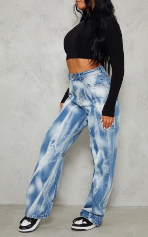 Blugi Pretty Little Thing Wash Effect Largi Leg Jean Albastri | FMBZ79342
