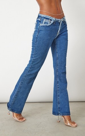 Blugi Pretty Little Thing Wash Low Rise Frayed Waistband Flare Albastri Inchis Albastru Deschis | DKWU42716