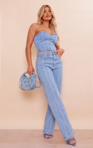 Blugi Pretty Little Thing Wash Panelled Seam Detail Drept Leg Albastri Deschis Albastru Deschis | DEZT42190