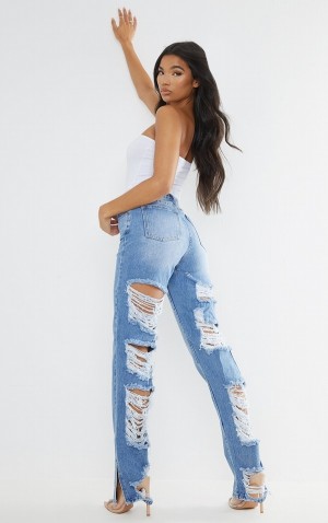 Blugi Pretty Little Thing Wash Ripped Back Split Hem Albastri Deschis Albastru Deschis | ZFSR95817