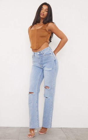 Blugi Pretty Little Thing Wash Ripped Long Leg Drept Albastri Deschis Albastru Deschis | WVFD23418