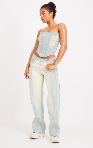 Blugi Pretty Little Thing Wash Seam Detail Boyfriend Jean Albastri Deschis | JZXW60387