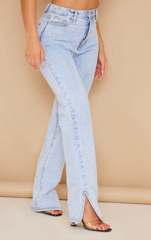 Blugi Pretty Little Thing Wash Split Hem With Bum Distress Albastri Deschis Albastru Deschis | UMFY64309