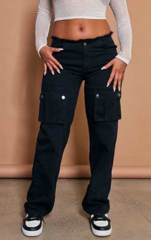 Blugi Pretty Little Thing Washed Frayed Waistband Cargo Pocket Negrii | ARZY12358