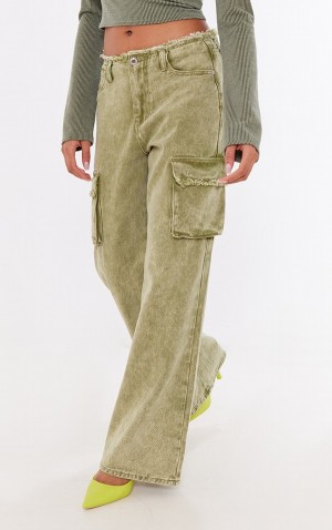 Blugi Pretty Little Thing Washed Frayed Waistband Utility Pocket Cargos Kaki | DUOH98267
