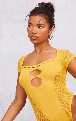 Body-uri Pretty Little Thing Bright Sheer Knit Cut Out Panels Portocalii Deschis | EXLK46108