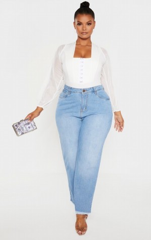 Body-uri Pretty Little Thing Plus Eyelet Detail Mesh Sleeve Albi | QVUK76038