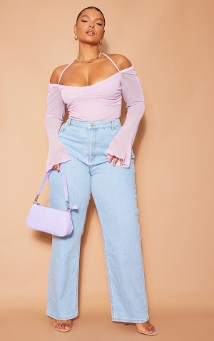 Body-uri Pretty Little Thing Plus Lilac Mesh Sleeve Halter Neck Violet | FLAK25738