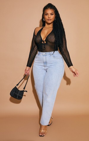 Body-uri Pretty Little Thing Plus Sheer Knit With Sleeves Negrii | SHPM20853