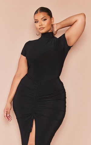 Body-uri Pretty Little Thing Plus Slinky Sleeve High Neck Negrii | YEBL67329