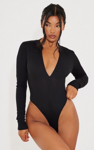 Body-uri Pretty Little Thing Rib Zip Up Long Sleeve Negrii | ASJI73094