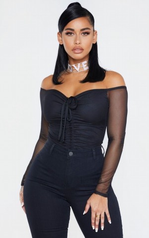 Body-uri Pretty Little Thing Shape Mesh Long Sleeve Ruched Negrii | SQZU83056