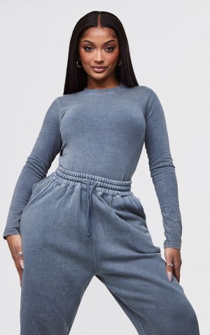 Body-uri Pretty Little Thing Shape Washed Charcoal Bumbac Crew Neck Gri | PTSG72136