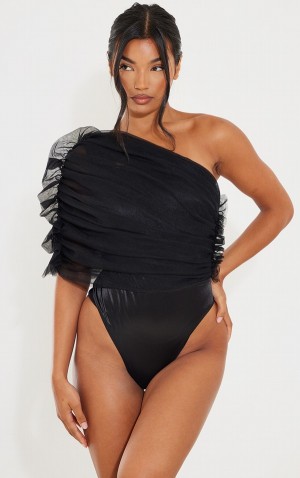 Body-uri Pretty Little Thing Sheer Ruffle One Shoulder Negrii | OTDX73482