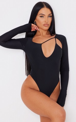Body-uri Pretty Little Thing Slinky Cu Bretele Cut Out Long Sleeve Negrii | FGCE71428