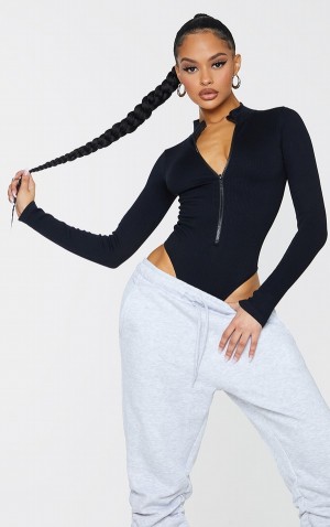 Body-uri Pretty Little Thing Snatched Rib Zip Up Long Sleeve Negrii | TLVD35712